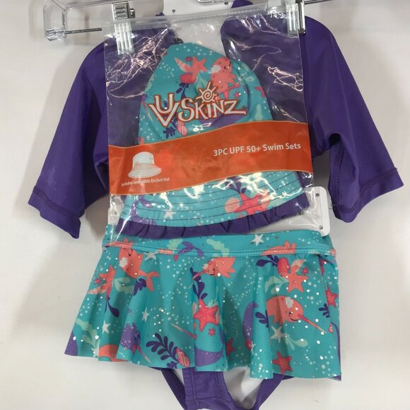 UV SKINS - GIRLS 2T - BLUE & PURPLE 3 PIECE UPF 50-+ SWIM SET SHADE SUN SHIRT - Picture 4 of 5